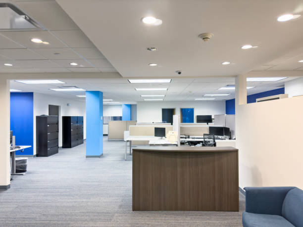 Office room Wide angle view of a modern office room giant cube stock pictures, royalty-free photos & images