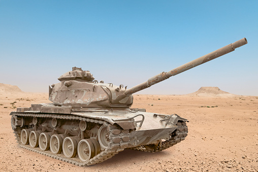 Real armored war tank with camouflage in desert