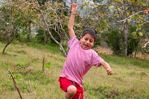 Cheerful child running with outstretched arms in a grassy meadow, enjoying the outdoors.
