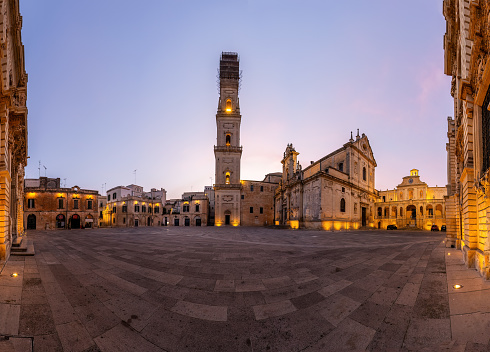 The empty Piazza del Duomo in Lecce, Italy, at dawn