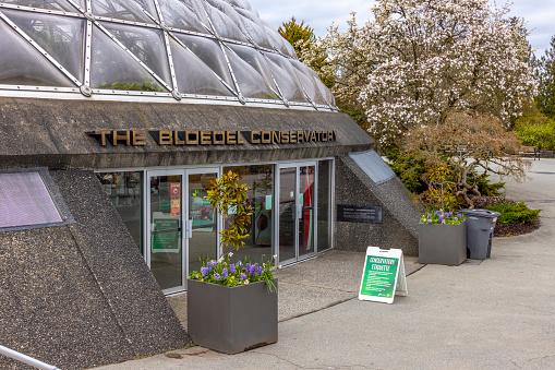 Vancouver, British Columbia, Canada. Apr 13, 2024. The Bloedel Floral Conservatory entrance, a conservatory and aviary located at the top of Queen Elizabeth Park in Vancouver, British Columbia.