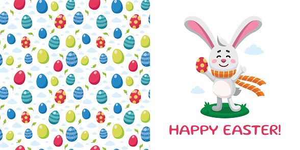 Postcard template with Easter rabbit holding Ester egg showing thumbs up. Vector illustration of bunny and seamless pattern with Easter eggs. Happy Easter concept. Cartoon style