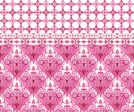 Canvas of seamless watercolor patterns of Sicilian majolica in pink. Companion prints collected into one endless pattern. Hand drawn set of traditional tiles.