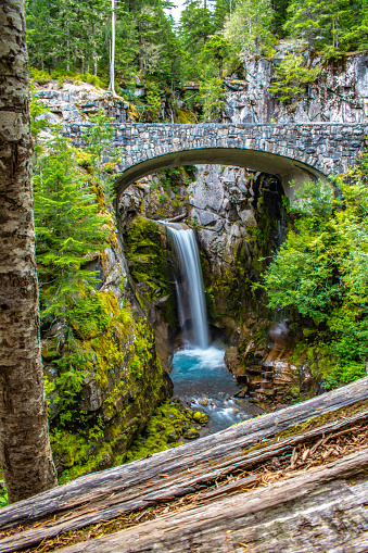 A long-exposure of Christine Falls in Mount Rainier National Park, framed by foliage and a stone arch bridge above it.