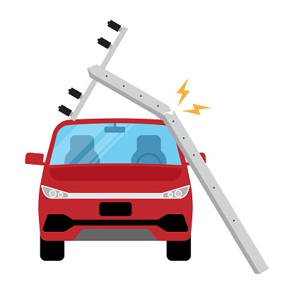 Electric Pole Fallen into Car. Nature Disaster, Accident, Accidental Damage, Car Accident. Vector Illustration.