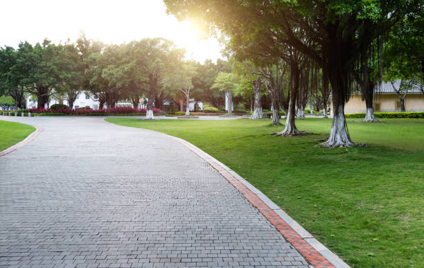 Public park with brick road and plants