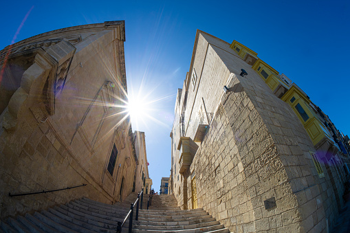 Valletta, Malta, April 03, 2024 panoramic view of the Old Teather street staircase in the city center