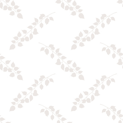 Minimalist pastel floral seamless pattern, tree branches or poplar twigs with leaves of light grey color on white background. Vector illustration for wallpaper, fabric or package design and print.