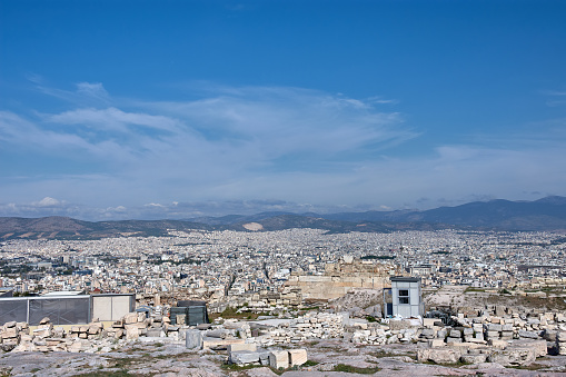 Athens, Attica / Greece - 2018/03/30: Panoramic view of metropolitan Athens with Lycabettus hill and Pedion tou Areos park seen from Areopagus rock