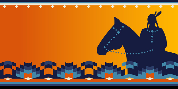 Native american heritage month. Vector banner, poster, card, content for social media. Sunset background with horsewoman, native ornament border.