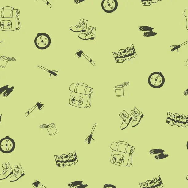 Vector illustration of camp seamless pattern. hand drawn doodle. vector, scandinavian, minimalism, monochrome.