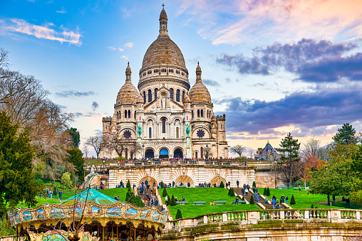 Paris,Prance-March 19,2024:Peoples walking in Sacre Coeur temple. Magnificent, gorgeous Paris in early spring.