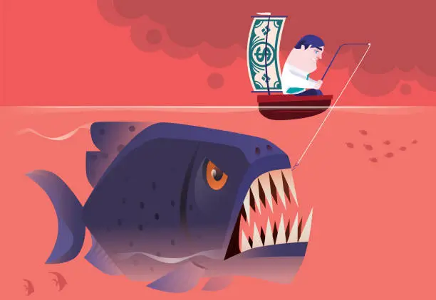 Vector illustration of businessman sitting on sailboat and fishing big angry fish