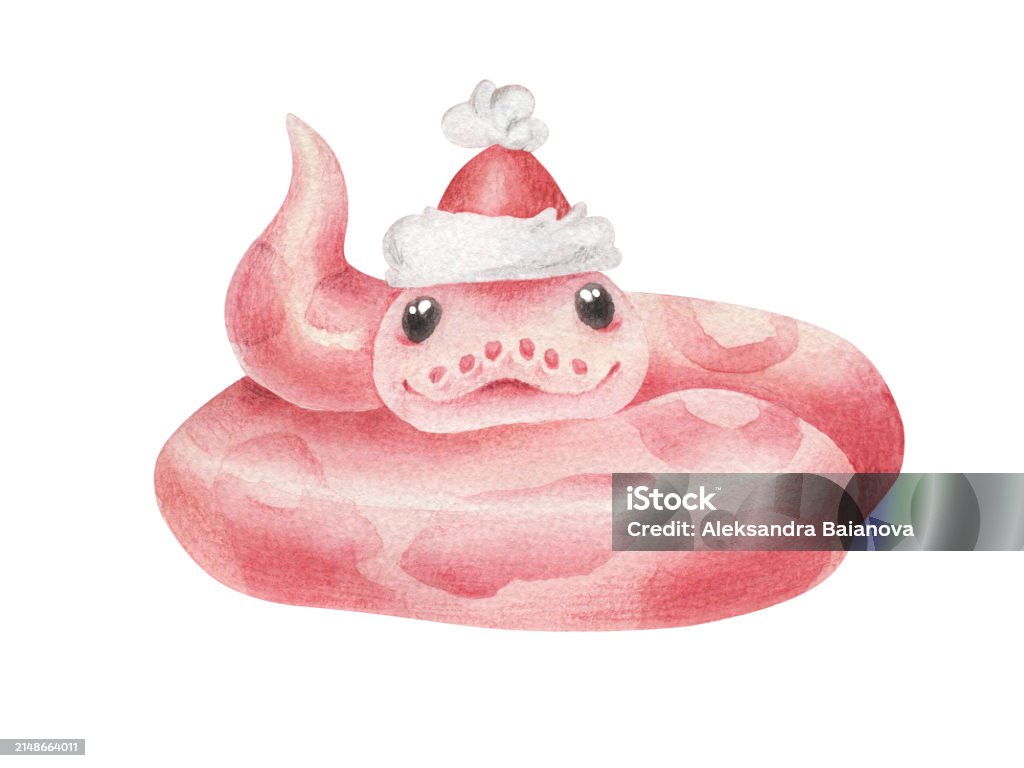 Hand Drawn Cute Snake With Santa Claus Hat Christmas Illustration Pink ...