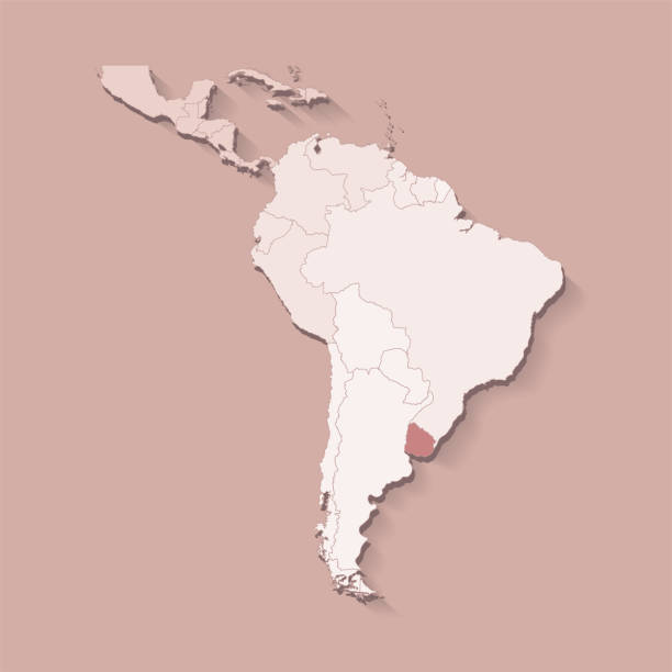 벡터 일러스트 레이 션, 와, 남아메리카, 땅, 와, 국경, 와, 국가, 표시해, 우루과이. 지역이 있는 갈색 정치 지도. 베이지색 배경 - oriental republic of uraguay stock illustrations