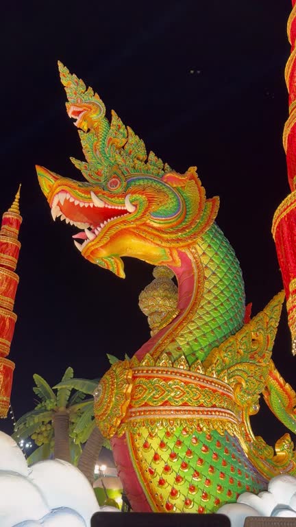 Bangkok Thailand, April 15, 2024: Vertical shot of the green Naga model on display at Sanam Luang.