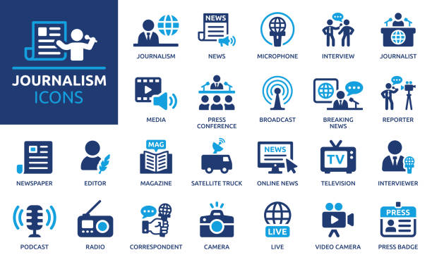 illustrations, cliparts, dessins animés et icônes de ensemble d’icônes de journalisme, illustration vectorielle. - média