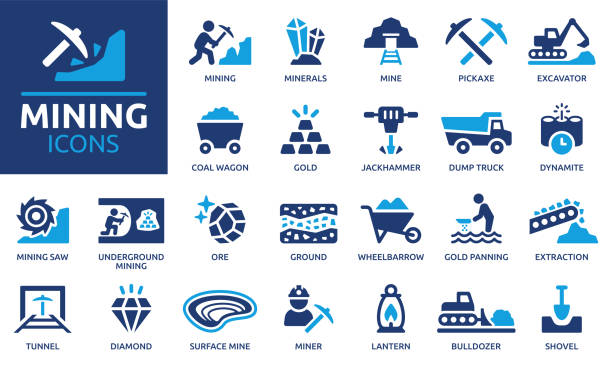 Mining icon set, vector illustration. Containing minerals, gold, pickaxe, miner, excavator, diamond, coal wagon, jackhammer and gold panning icons. Solid icon collection. gold mining panning stock illustrations