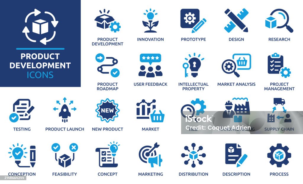 Product development and innovation icon set. Containing prototype, design, research, testing, product launch, conception and marketing icons. Solid icon collection. Icon Symbol stock vector Product development and innovation icon set. Containing prototype, design, research, testing, product launch, conception and marketing icons. Solid icon collection. Icon Symbol stock vector