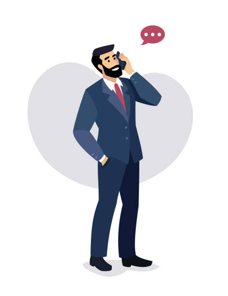 Confident businessman engaging in a cheerful conversation on his mobile phone, his smile complementing the sharp lines of his tailored suit. Young Businessman talking on the phone. Communication and conversation with smartphone concept. cartoon of the mobile phone charger stock illustrations