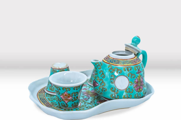 istock Beautiful Asian Tea Pot and Cup Set with Floral patterns Mockup 2148667134
