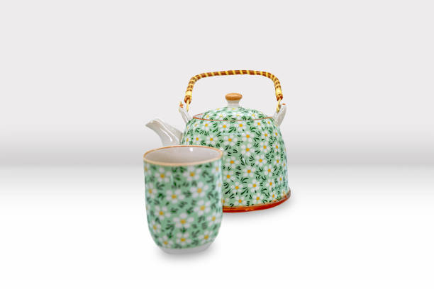 Beautiful Asian Tea Pot and Cup Set with Floral patterns Mockup