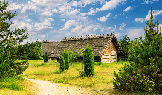 Old abandoned traditional wooden village house. Historical architecture in Europe