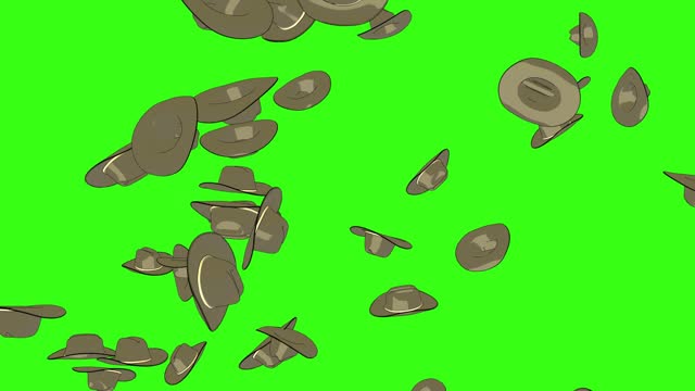 Rain of gray cowboy hats on a green screen. Country style concept. 3D animation.