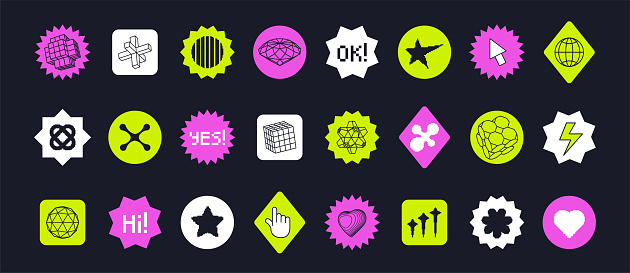 Y2k abstract geometric shapes and objects. Set of modern stickers with globe, heart, pointer, star. Trendy graphic elements. Vector illustration.
