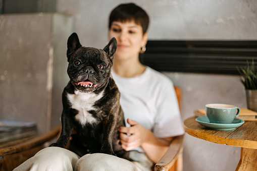 Beautiful young woman is sitting in a cafe with her dog