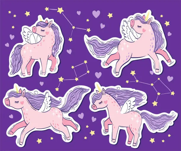 Vector illustration of Vector set of cute little pink magical unicorns. Vector hand drawing illustration on purple background. Print for t-shirt for children