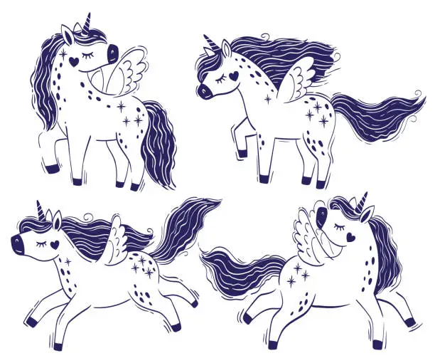 Vector illustration of Vector set of cute unicorns. Vector black and white illustration isolated on white background. Print for t-shirt for children