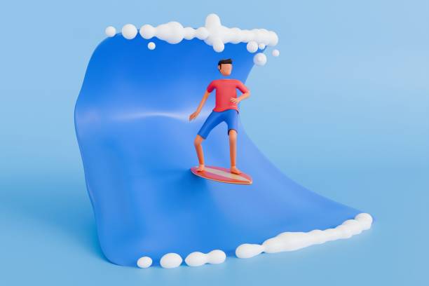 Surfing 3D Illustration. Boy surfing on wave 3d illustration
