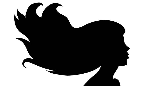 the silhouette of a beautiful woman with long hair flowing in the wind in profile. template for postcards, greetings, flyers, banners for a beauty salon, hairdresser or women's day on march 8 - rambut-panjang ilustrasi stok