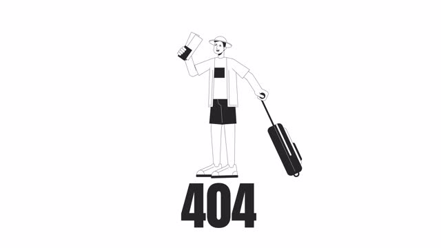 Traveler with airline tickets carrying suitcase black and white error 404 animation
