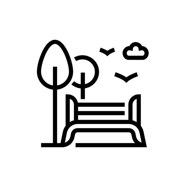 Vector illustration of Park and bench line icon. City and street life, lake, forest, public park.