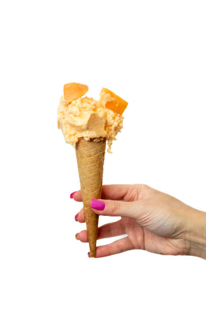 Melon Ice cream cone with female hand on white background