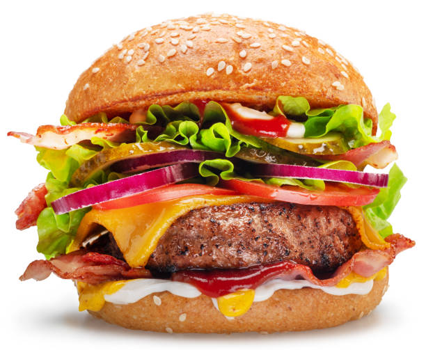 beef patty burger with vegetables and lettuce on white background. file contains clipping path. - hambúrguer imagens e fotografias de stock