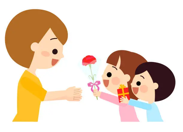 Vector illustration of Children giving Mother's Day gifts to their mothers