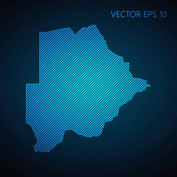 Vector illustration of Botswana striped map template made from blue diagonal lines on dark background