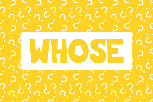 Whose word on seamless pattern background with question marks. Question word banner. School lesson presentation, searching for answers, conversation, communication, faq help concept