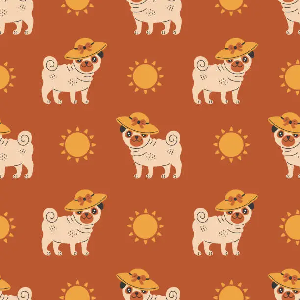 Vector illustration of Pug dog in hat summer seamless pattern