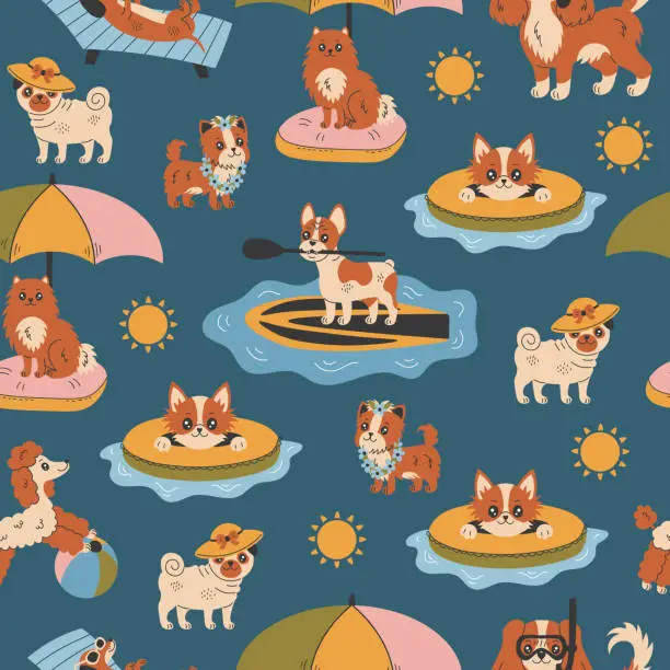 Vector illustration of Summer beach dog seamless pattern