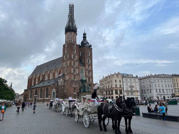 Krakow, Poland 08.29.2023 - main square, St. Mary's Basilica, horse carriage