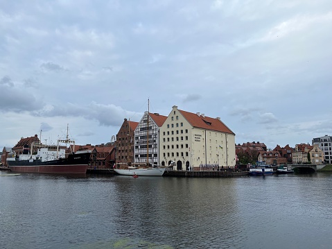 Gdansk, Poland 09.03.2023 - harbor, water, houses, ships, museum, clouds