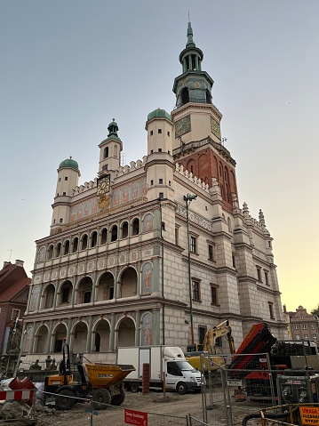 Poznan, Poland 09.03.2023 -construction site, marketplace, evening, old town, center, town hall