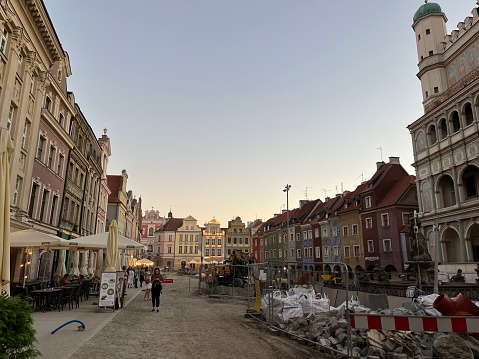 Poznan, Poland 09.03.2023 -construction site, marketplace, evening, old town, center