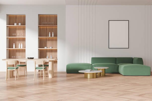 istock Stylish home living room interior with sofa and dining table, mockup frame 2148673840