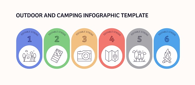 Outdoor And Camping Related Vector Infographic Design Concept. Global Multi-Sphere Ready-to-Use Template. Web Banner, Website Header, Magazine, Mobile Application etc. Modern Design.