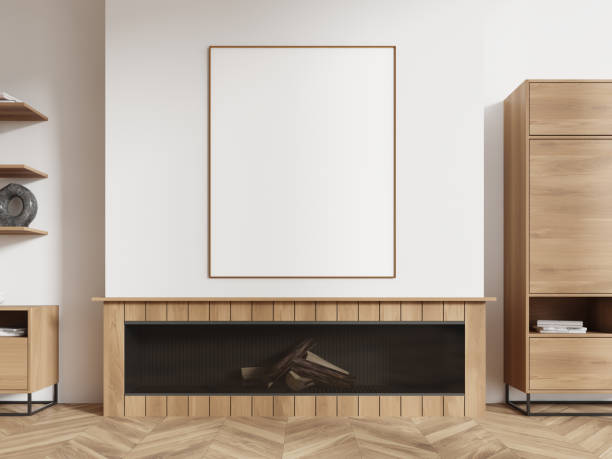 istock Stylish home living room interior with fireplace and shelf, mockup frame 2148674104